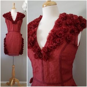Red Organza Mini Dress with Rosettes || Valentines Dress || Capped Sleeve Dress
